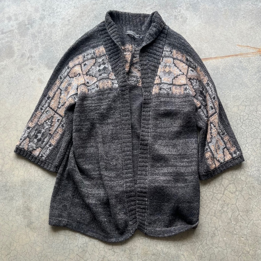 Peruvian Connection Womens XS Gray Southwestern Intarsia Open Front Cardigan